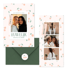 Trouwset met vrolijke kersjes in oranje roze en groen