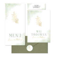 Bohemian trouwset met groene waterverf en gouden takje