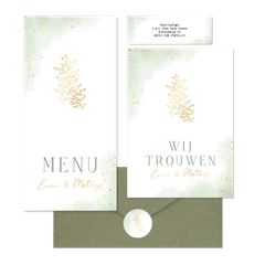 Bohemian trouwset met groene waterverf en gouden takje