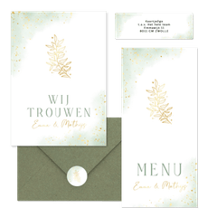 Bohemian trouwset met groene waterverf en gouden takje