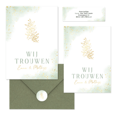 Bohemian trouwset met groene waterverf en gouden takje