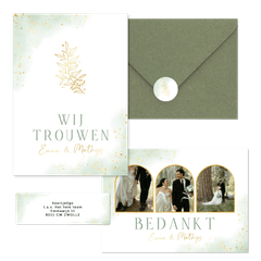 Bohemian trouwset met groene waterverf en gouden takje