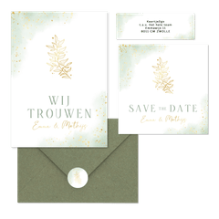 Bohemian trouwset met groene waterverf en gouden takje