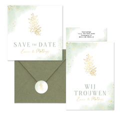 Bohemian trouwset met groene waterverf en gouden takje