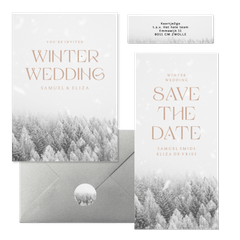 Winter wedding trouwset met besneeuwd bos