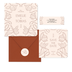 Klassieke trouwkaartenset met art deco tulpen beige
