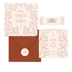 Klassieke trouwkaartenset met art deco tulpen beige