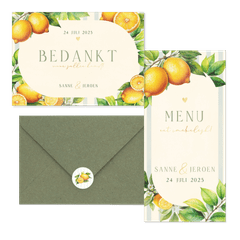 Zomerse trouwset met citroenen, blaadjes en streepjes