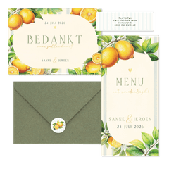 Zomerse trouwset met citroenen, blaadjes en streepjes