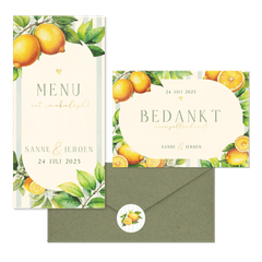 Zomerse trouwset met citroenen, blaadjes en streepjes