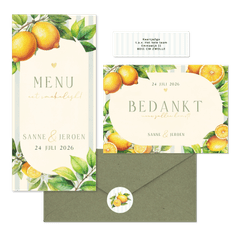 Zomerse trouwset met citroenen, blaadjes en streepjes