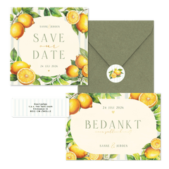 Zomerse trouwset met citroenen, blaadjes en streepjes