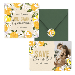 Botanisch zomerse trouwhuisstijl Mediterranee met geschilderd fruit en bloemen