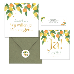 Trouwkaarten mediterrane zomer citroenen mandarijnen fris waterverf goud