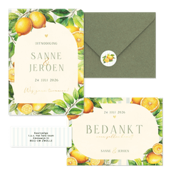 Zomerse trouwset met citroenen, blaadjes en streepjes