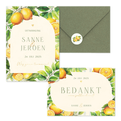 Zomerse trouwset met citroenen, blaadjes en streepjes