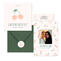 Trouwset met vrolijke kersjes in oranje roze en groen