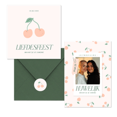 Trouwset met vrolijke kersjes in oranje roze en groen