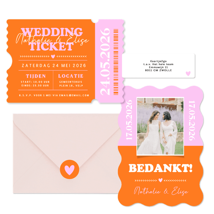 Vrolijke colorblocking trouwset oranje roze