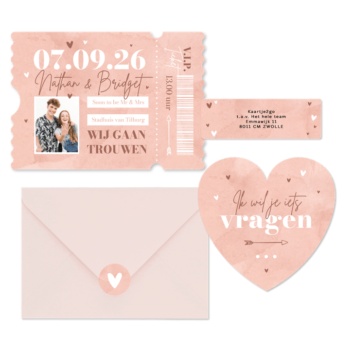 Trouwkaarten roze waterverf hip hartjes ticket