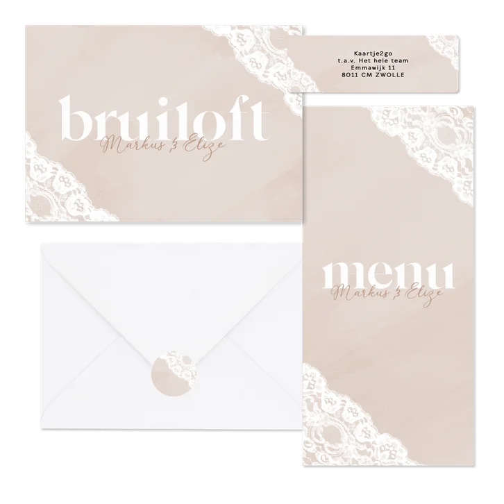 Beige waterverf trouwkaarten met wit kant