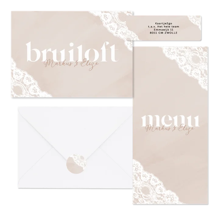 Beige waterverf trouwkaarten met wit kant