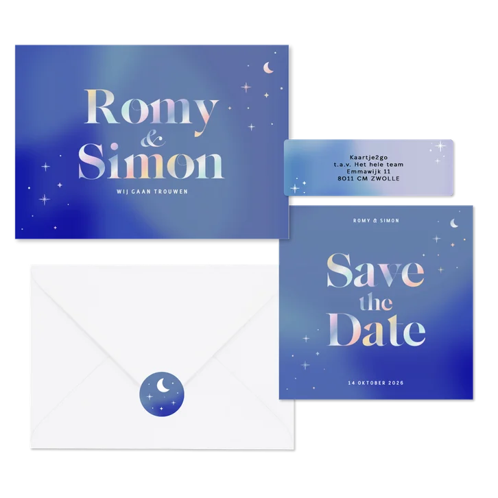 Trouwset blauw met holografische sterretjes