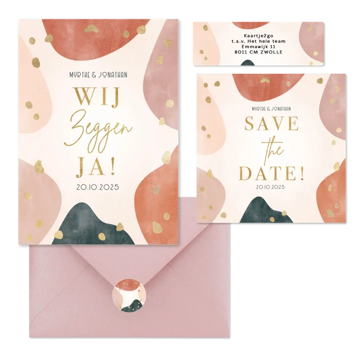 Hippe trouwset met golvende vormen en goud