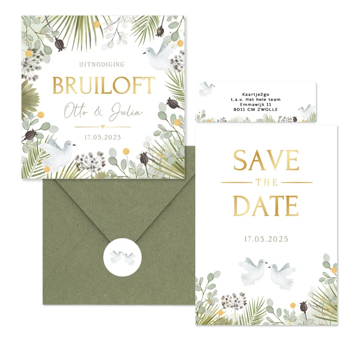 Trouwkaarten set botanisch met witte duiven