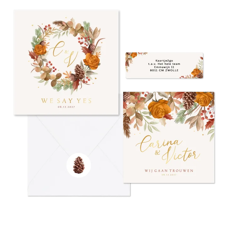 Herfst winter set bladeren bloemen goud