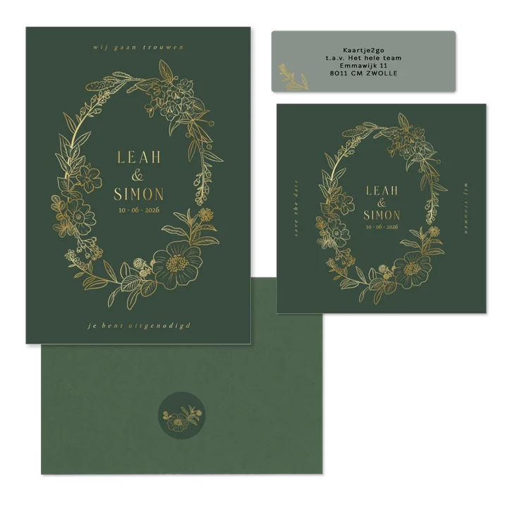 Trouwset met bloemenkrans in groen en goud