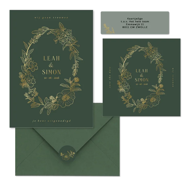 Trouwset met bloemenkrans in groen en goud