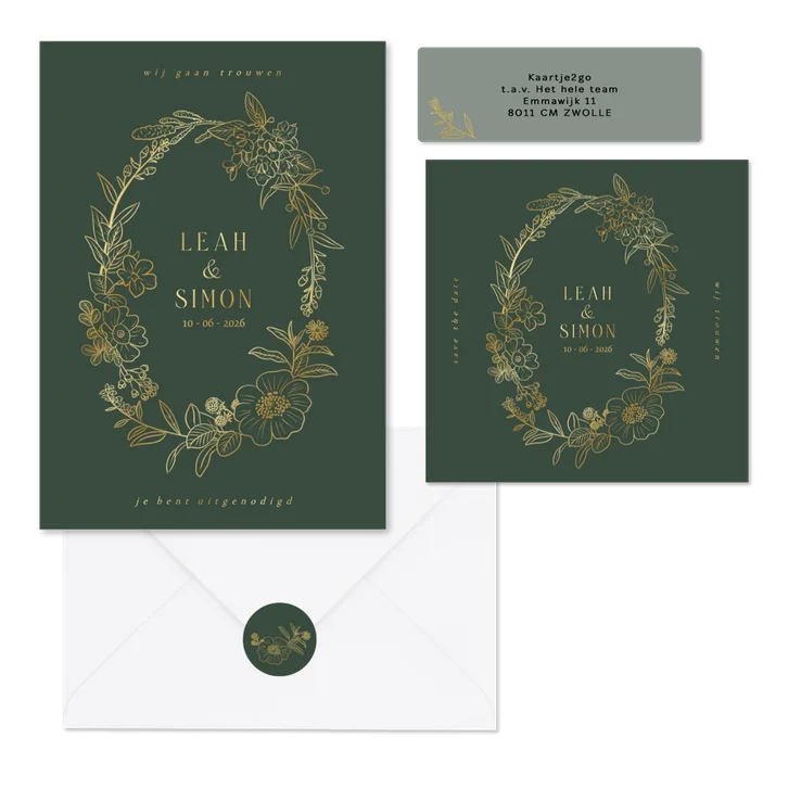 Trouwset met bloemenkrans in groen en goud