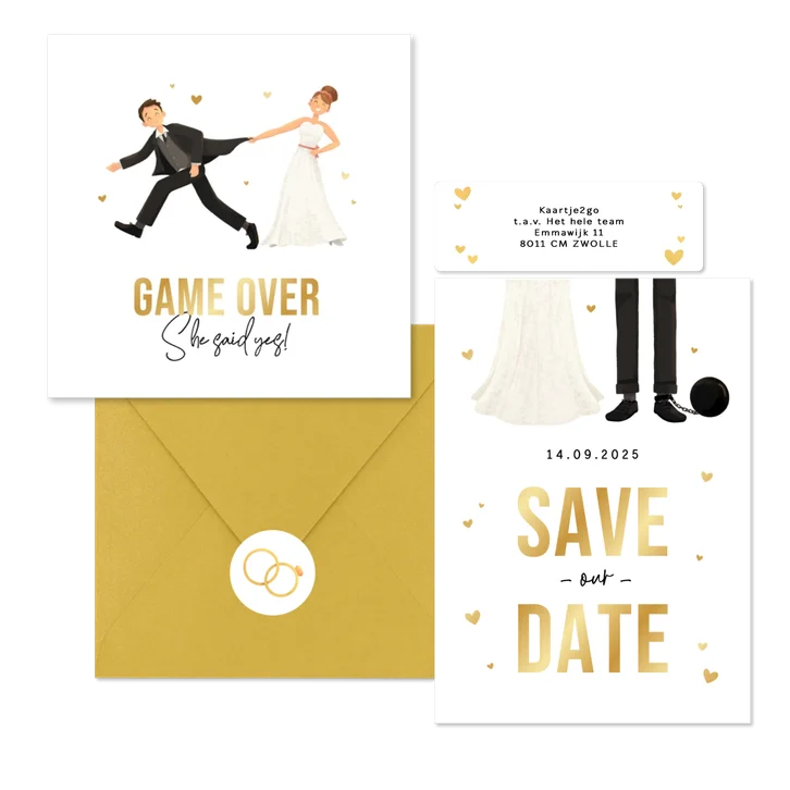 Trouwkaartenset in cartoon stijl met humor