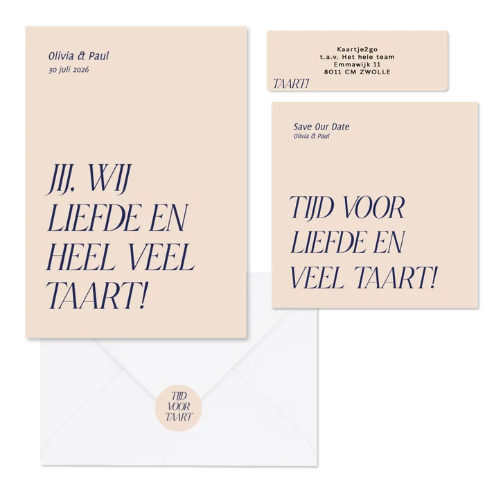 Trouwset typografisch grappig liefde en taart