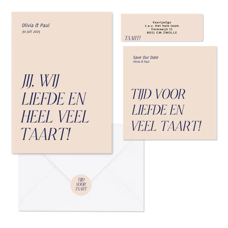 Trouwset typografisch grappig liefde en taart