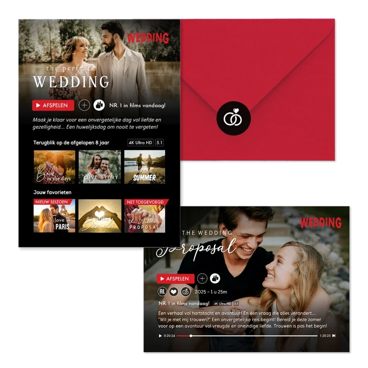 Grappige trouwset in romantische film stijl