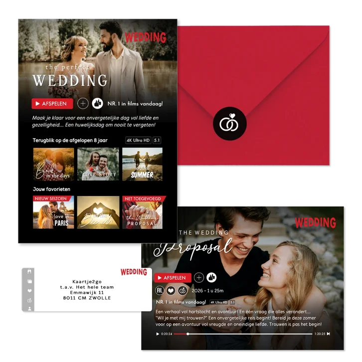 Grappige trouwset in romantische film stijl