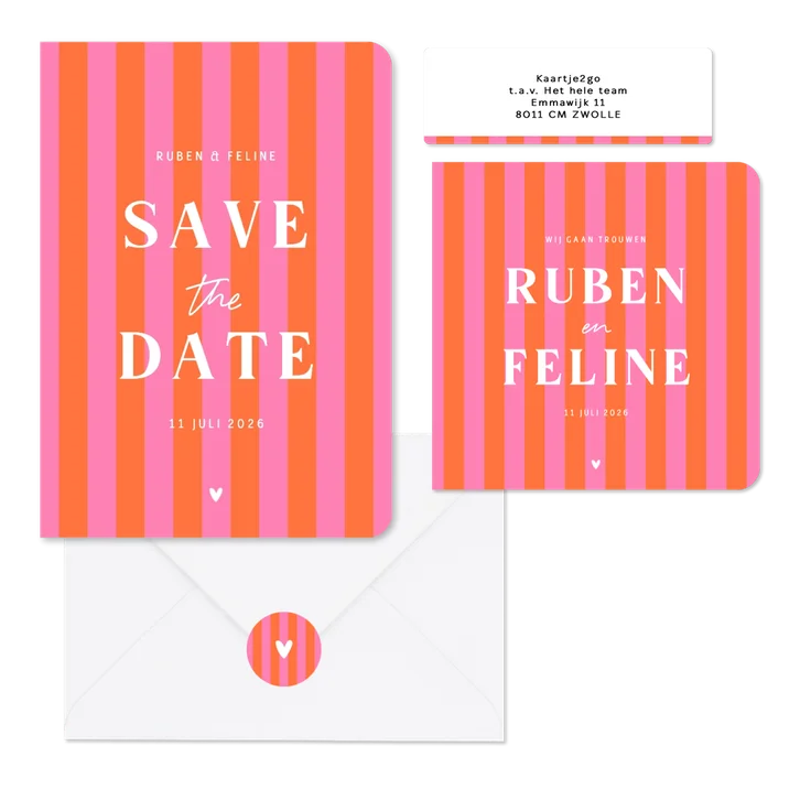 Hip en trendy trouwset gestreept roze oranje hartje