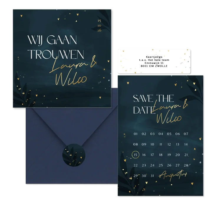 Hippe donkerblauwe trouwset en gouden hartjes