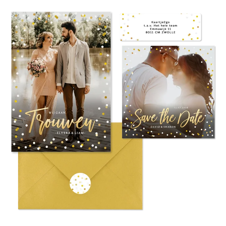 Fotokaarten trouwsest met confetti en goud