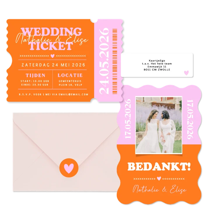 Vrolijke colorblocking trouwset oranje roze