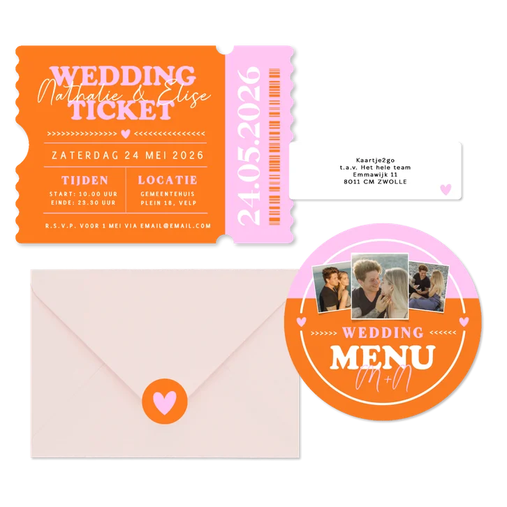 Vrolijke colorblocking trouwset oranje roze