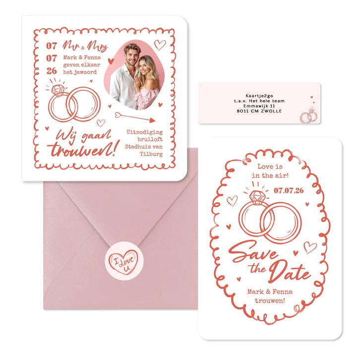 Trouwkaarten hip romantisch doodle illustraties roze