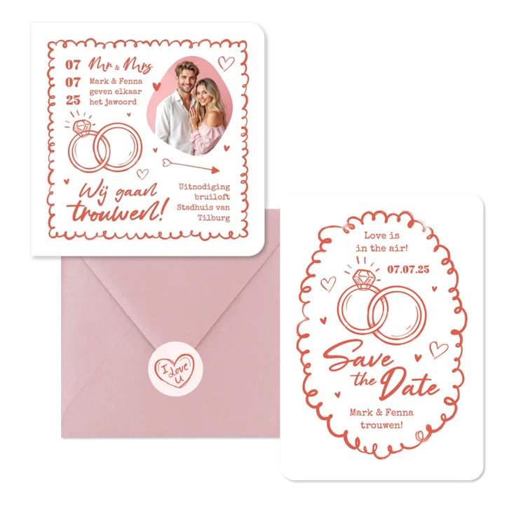 Trouwkaarten hip romantisch doodle illustraties roze