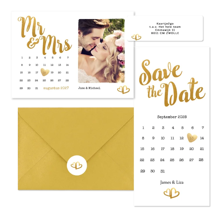 Trouwset met gouden typografie en kalenders