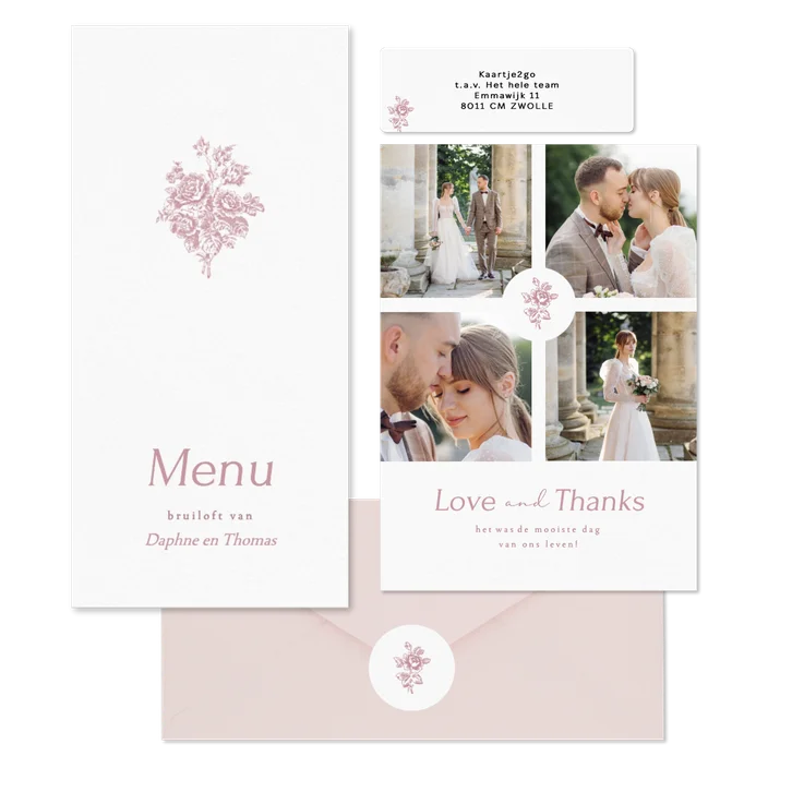 Klassieke trouwset met vintage roze boeket met rozen