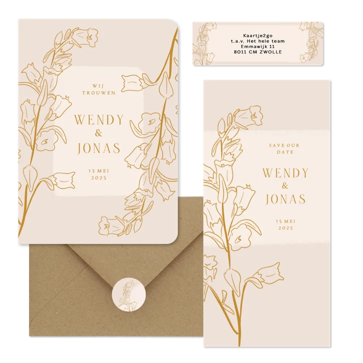 Beige set met lijnillustratie van bloemen