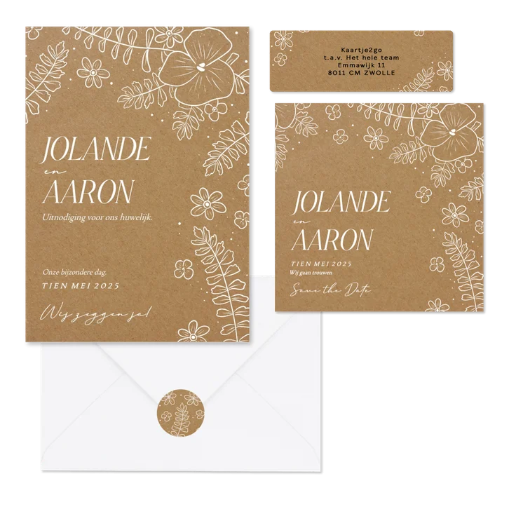 Trouwset kraft lijnillustraties witte bloemen