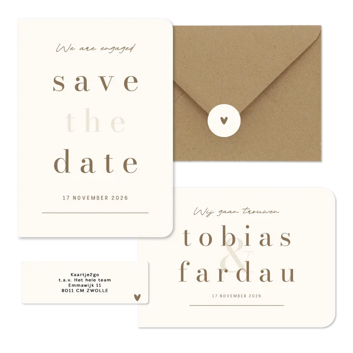 Minimalistische trouwkaart beige met bruin streep